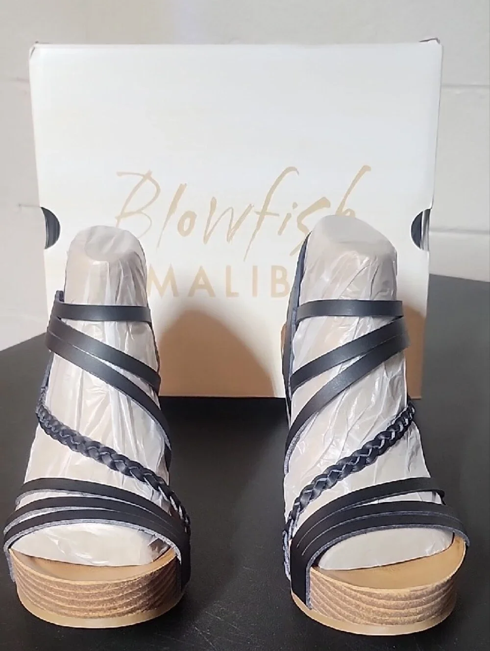 Blowfish Heide Black Multi-Strap Stacked Wedge Sandals
